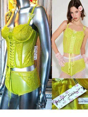Betsey Johnson Laceup Corset Top Boy Short Panties Green Mesh Lace Butterflies M
